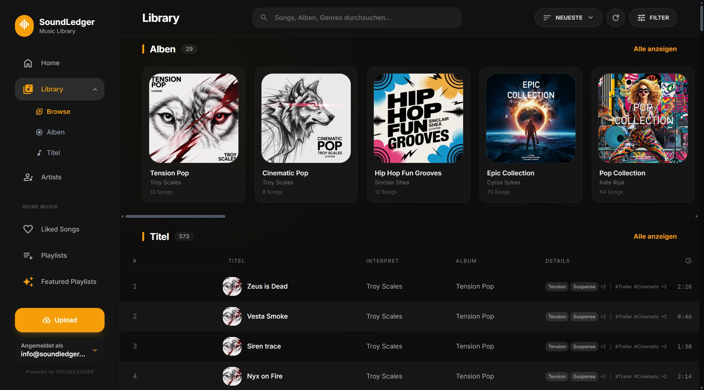 SoundLedger Library mit Alben und Titelliste